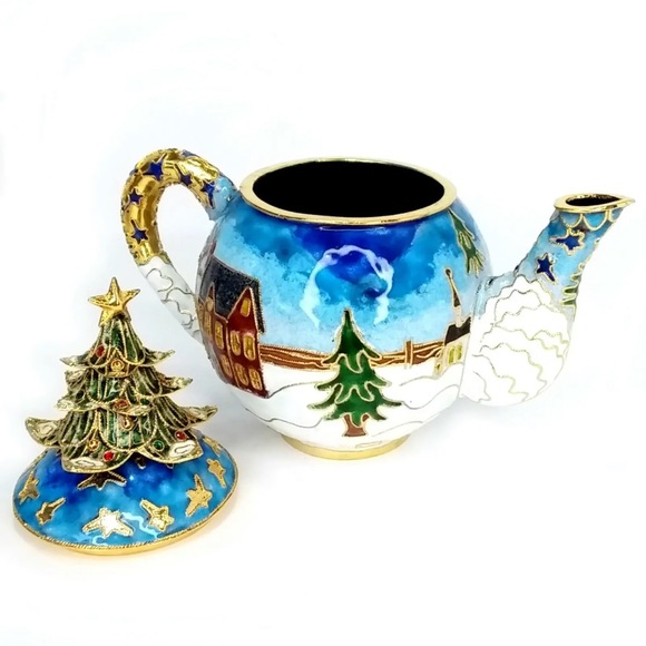 NYCO Cloisonne Enamel Christmas Teapot Winter Scene Tree Lid New W/Gift Box - Picture 7 of 7
